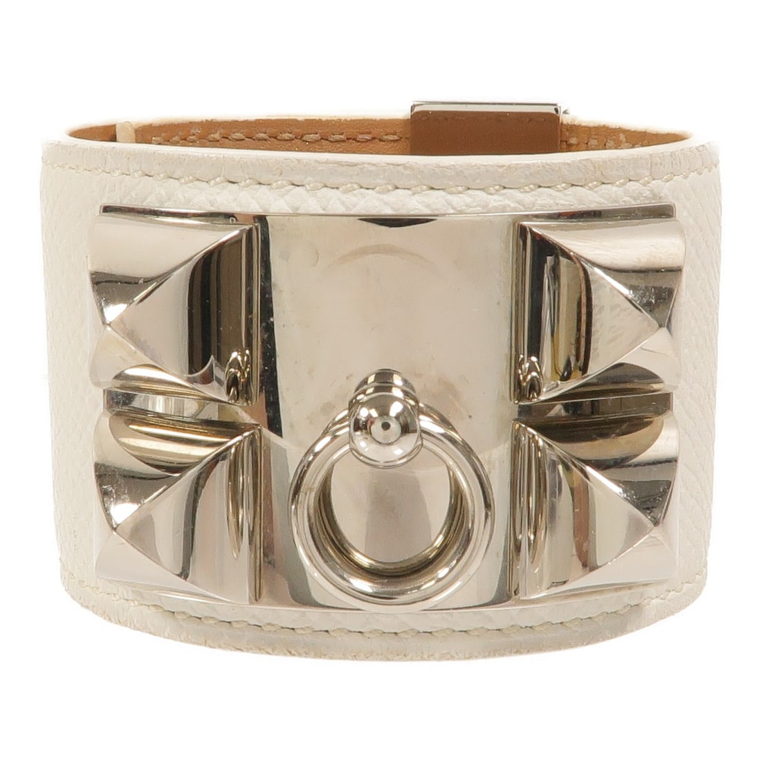 Hermes Collier De Chien Epsom Calfskin Bracelet Cream Silver Tone: Hermes Collier De Chien Epsom Calfskin Bracelet Cream Silver Tone Hermes Collier De Chien bracelet in Epsom leather, calfskin, and metal, presented in a cream, white, and silver colorway. The item is 