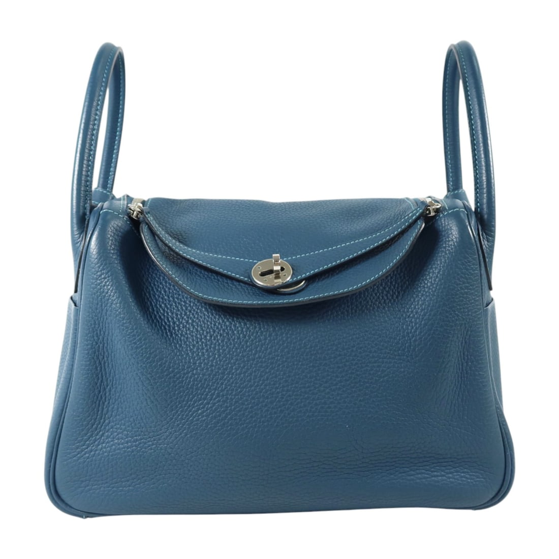 Hermes Lindy 30 Clemence Leather 2way Shoulder Hand Bag PHW Blue: Hermes Lindy 30 Clemence Leather 2way Shoulder Hand Bag PHW Blue Hermes Lindy 30 hand shoulder bag in Taurillon Clemence x calfskin (cowhide), presented in Turquoise x Blue x Turquoise/Colvert. This 2