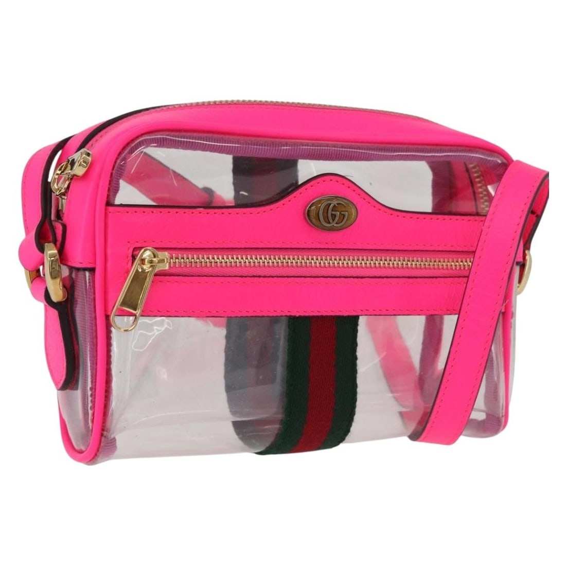 Gucci 517350 Clear Pink Vinyl Sherry Web Shoulder Bag: Gucci 517350 Clear Pink Vinyl Sherry Web Shoulder Bag A Gucci Web Sherry Line shoulder bag made of clear and pink vinyl, crafted in Italy. It features a shoulder bag style with a clear/pink color comb