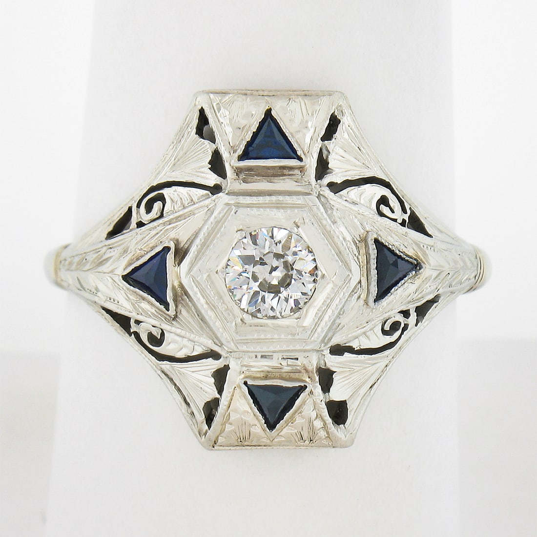 Art Deco 18K White Gold Ring with European Diamond and Sapphire Accents: Art Deco 18K White Gold Ring with European Diamond and Sapphire Accents Antique Art Deco original ring crafted in 18K white gold, featuring an old European cut natural diamond at the center with four 