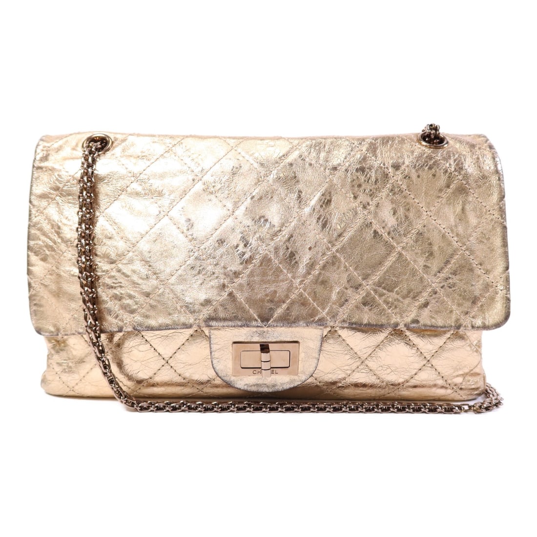 CHANEL 2.55 Calfskin Shoulder Bag with CC Gold Chain: CHANEL 2.55 Calfskin Shoulder Bag with CC Gold Chain A CHANEL 2.55 chain shoulder bag crafted in calfskin (cowhide) leather with a gold exterior and gold frame color. Designed for women, it measures a