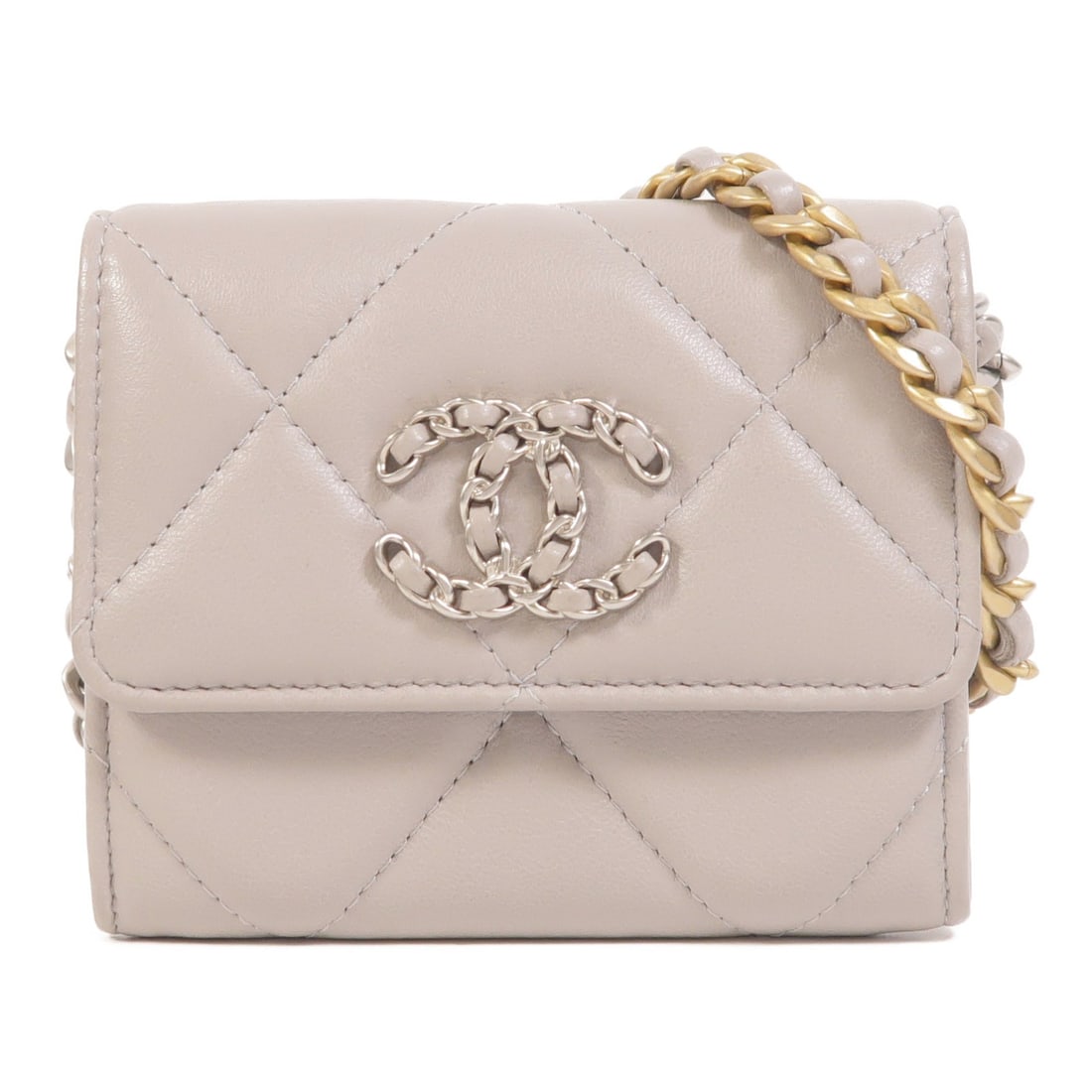 CHANEL AP1787 CC 19 Mini WOC Shoulder Bag Gray Lambskin: CHANEL AP1787 CC 19 Mini WOC Shoulder Bag Gray Lambskin CHANEL CC 19 Mini Wallet On Chain Shoulder Bag AP1787 in gray lambskin (sheep leather). This women's shoulder bag is made in France, with Italy 