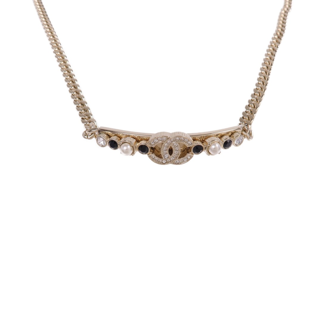 CHANEL CC Crystal Necklace Gold Tone Metal France: CHANEL CC Crystal Necklace Gold Tone Metal France CHANEL CC Necklace in gold-tone metal with crystal accents and a clear stone-free design. It is a women's necklace made in France and comes with a sto