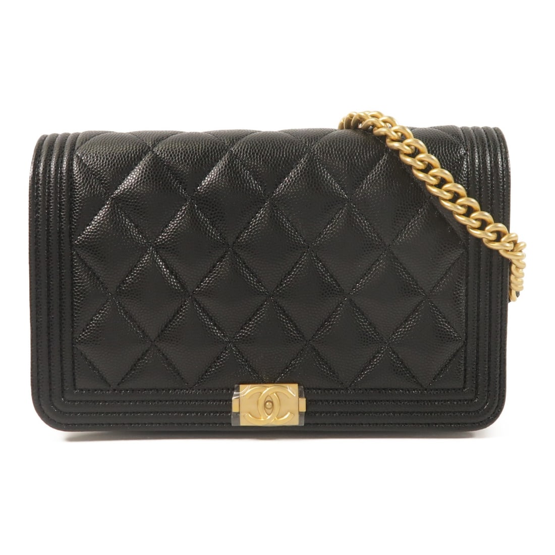 CHANEL Boy Wallet On Chain AP1117 Black Calfskin Shoulder Bag: CHANEL Boy Wallet On Chain AP1117 Black Calfskin Shoulder Bag A CHANEL Boy Wallet On Chain shoulder bag in black calfskin (cowhide) with gold-tone hardware. It features a magnetic pocket, two open int