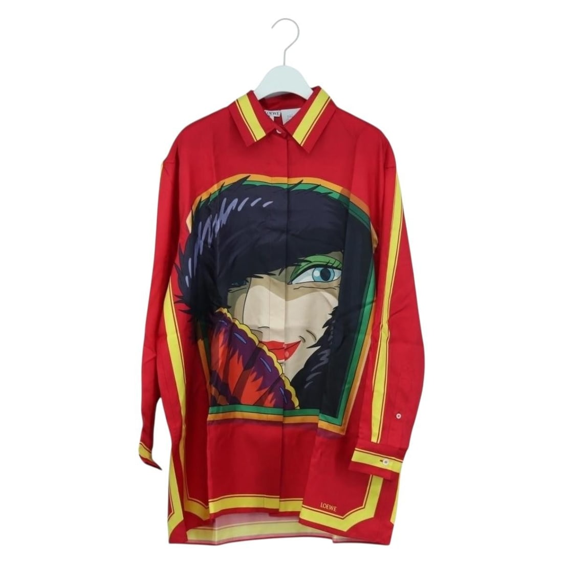 LOEWE Howl's Moving Castle Red Silk Short Sleeve Shirt: LOEWE Howl's Moving Castle Red Silk Short Sleeve Shirt This LOEWE short-sleeved T-shirt is a red silk piece from the Studio Ghibli Howl's Moving Castle collaboration. It is made in Romania and comes i