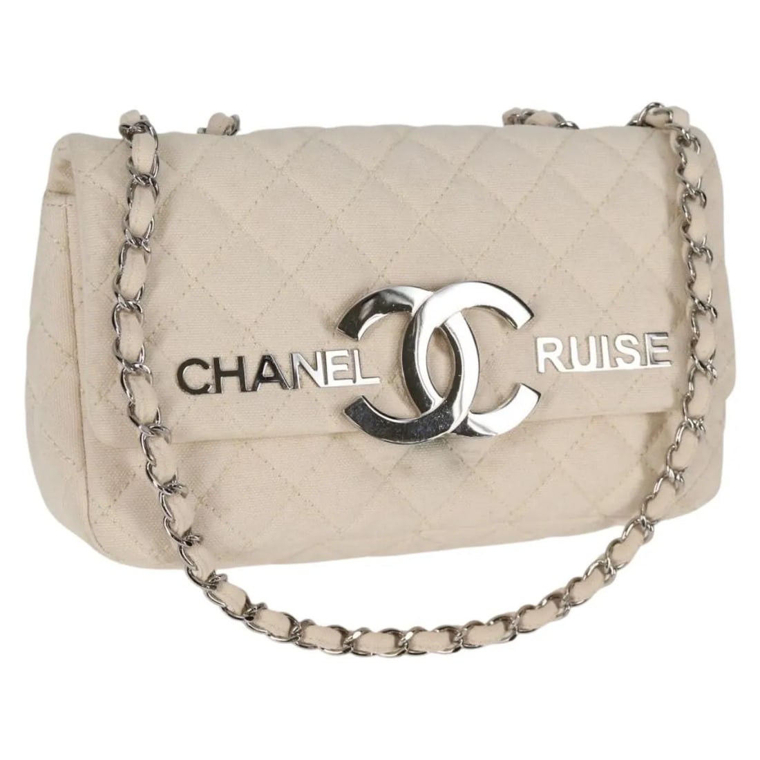 Chanel Cruise Flap Canvas Shoulder Bag White: Chanel Cruise Flap Canvas Shoulder Bag White This Chanel Cruise Flap Bag is crafted from quilted white canvas and features a classic flap design. The bag is designed for women and includes a shoulder 