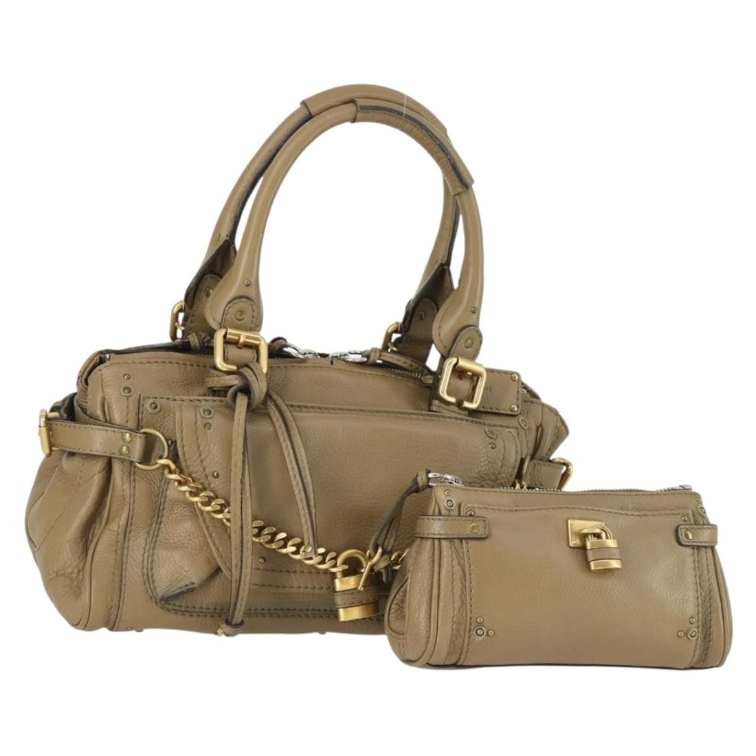 Chloe Paddington Beige Leather Hand Bag Gold Silver Tone Italy: Chloe Paddington Beige Leather Hand Bag Gold Silver Tone Italy Chloe Hand Bag in leather with a beige, gold, and silver exterior. Made in Italy, this women's bag measures approximately 33 cm wide, 18 