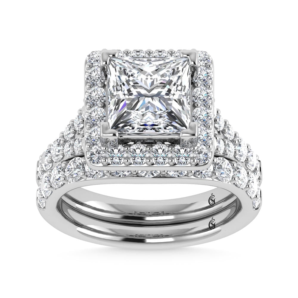 14K White Gold 4 7/8 Ct.Tw. Lab Grown Diamond Bridal Ring (IGI Certified Center 3ct): 14K White Gold 4 7/8 Ct.Tw. Lab Grown Diamond Bridal Ring (IGI Certified Center 3ct) 14k White Gold Stone Color: D-f Stone Clarity: Vs Each ring is presented in standard size 6.5. Complimentary resizi