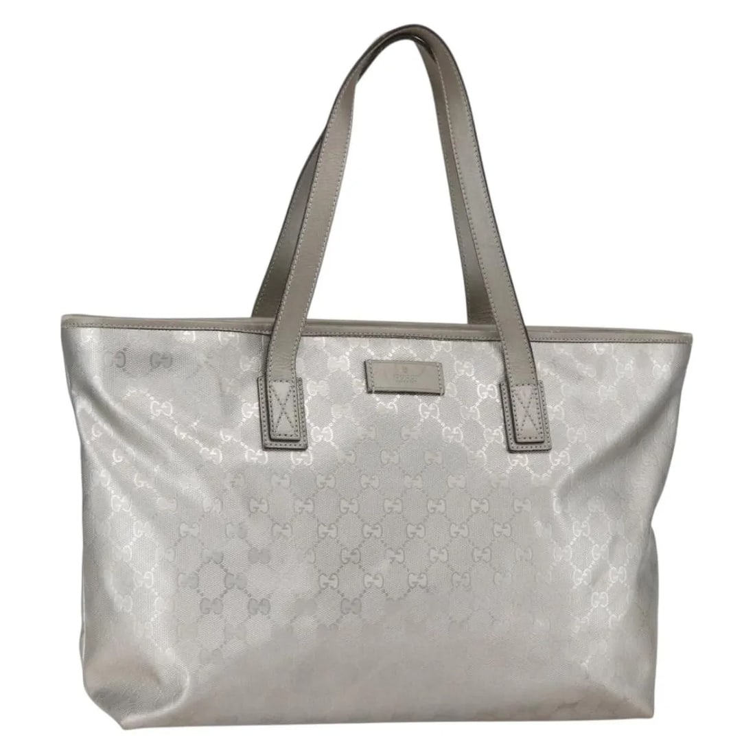 Gucci Plus Tote Silver Canvas GG Imprime Women's Bag: Gucci Plus Tote Silver Canvas GG Imprime Women's Bag This Gucci Plus Tote GG Imprime is crafted from silver canvas and designed for women. The bag features a spacious interior, sturdy handles, and cla