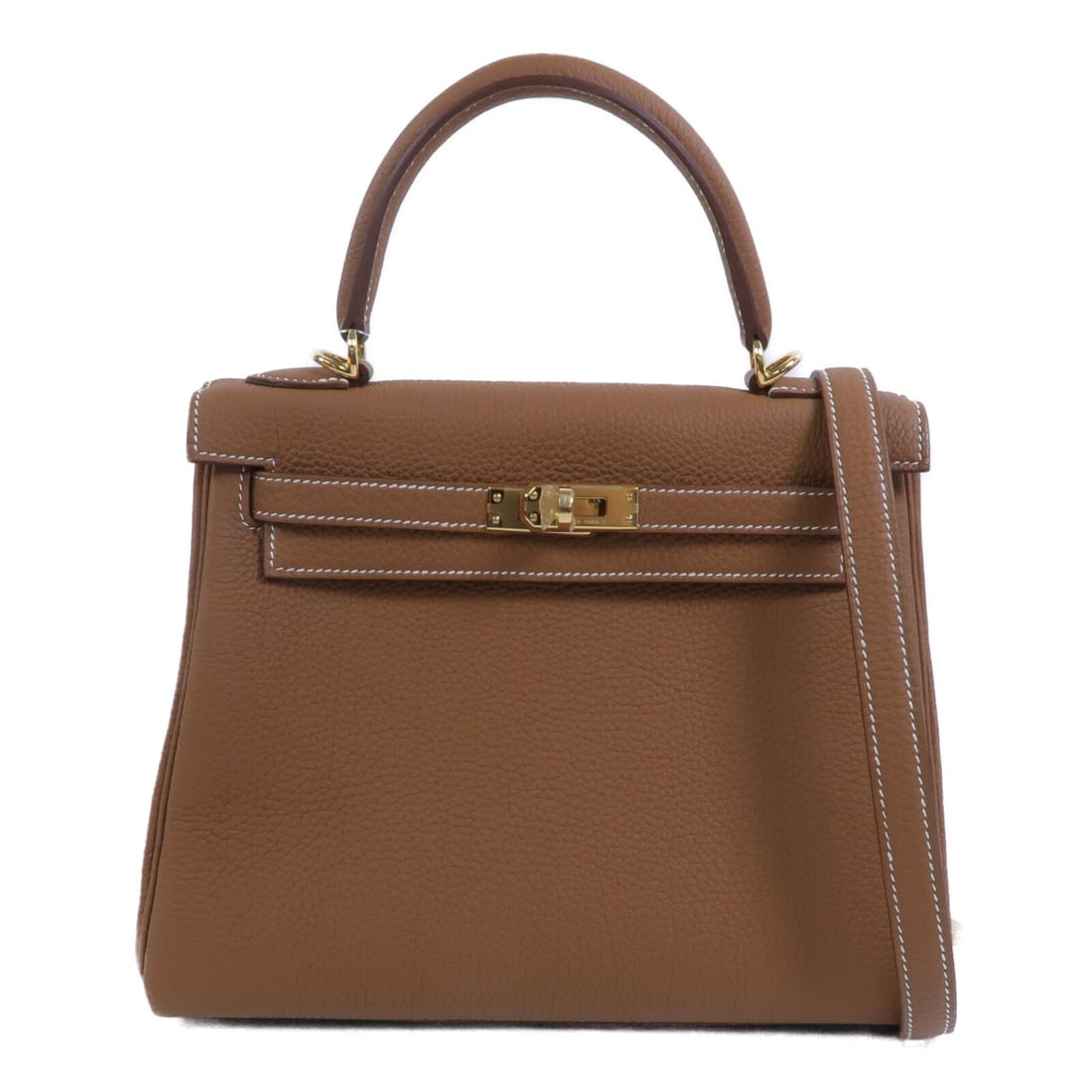 Hermes Kelly 25 Togo Leather 2 Way Shoulder Bag Gold GHW: Hermes Kelly 25 Togo Leather 2 Way Shoulder Bag Gold GHW A Kelly 25 2-way shoulder bag in Togo leather with calfskin accents, presented in a gold and brown color combination. It features a turn lock c