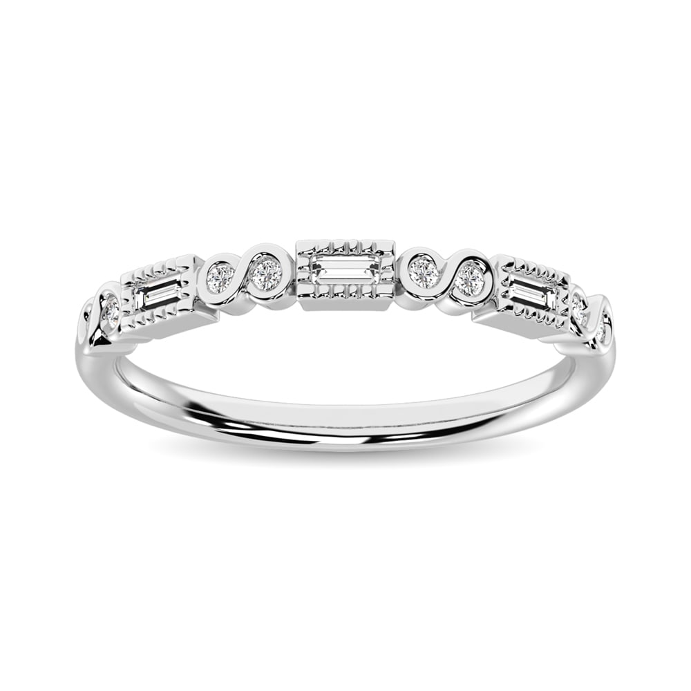Diamond 1/10 Ct.Tw. Stack Band in 14K White Gold: Diamond 1/10 Ct.Tw. Stack Band in 14K White Gold 14k White Gold Stone Color: G-h Stone Clarity: I1 Each ring is presented in standard size 6.5. Complimentary resizing is available between sizes 510 (i