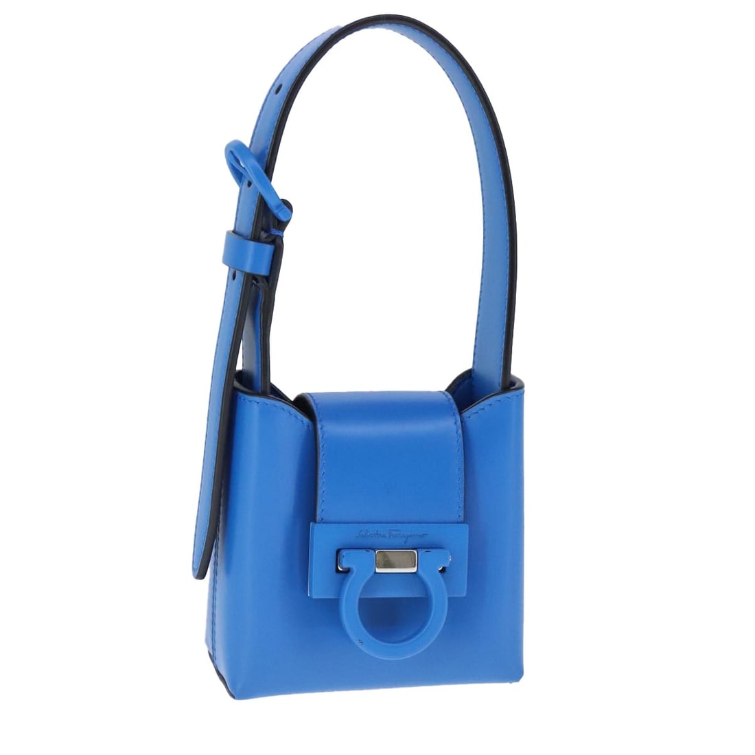 Blue Leather Gancini Hand Bag by Salvatore Ferragamo: Blue Leather Gancini Hand Bag by Salvatore Ferragamo Salvatore Ferragamo Gancini hand bag in leather with a blue and silver color combination. It is a women's hand bag made in Italy and measures appro