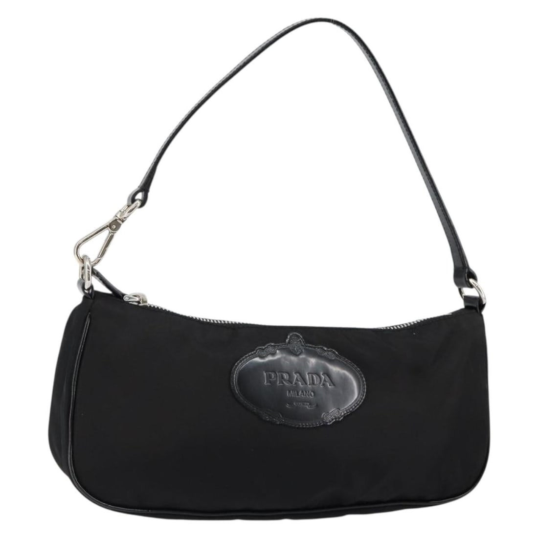 PRADA Nylon Accessory Pouch Black Silver Italy: PRADA Nylon Accessory Pouch Black Silver Italy Prada accessory pouch in black and silver nylon, made in Italy. The pouch measures approximately 26 cm wide, 13 cm high, and 4 cm deep. It is a women's a