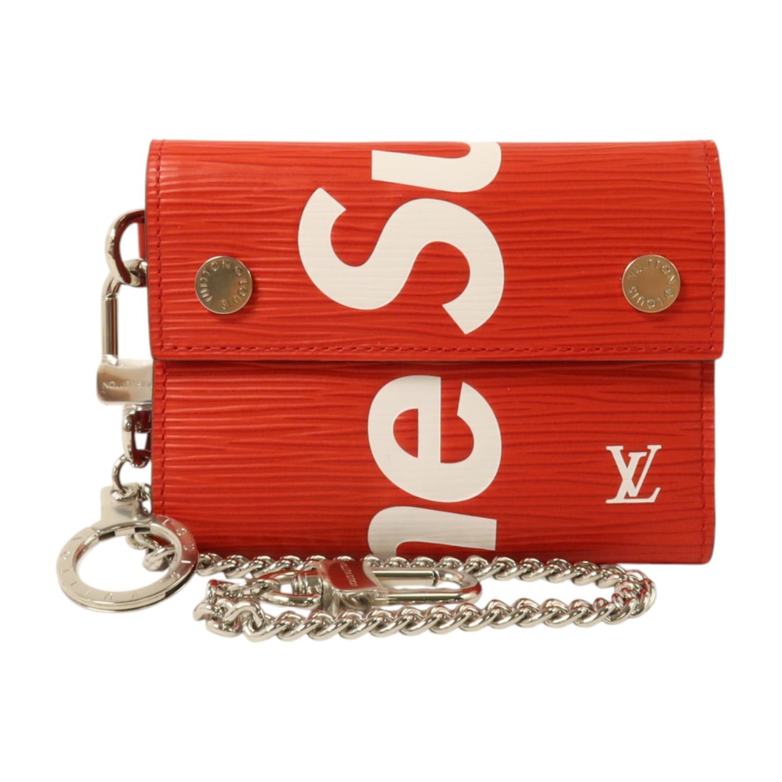 Louis Vuitton x Supreme M67755 Epi Chain Wallet Red Calfskin: Louis Vuitton x Supreme M67755 Epi Chain Wallet Red Calfskin Louis Vuitton Epi LV x Supreme Chain Wallet, model M67755, in red Epi leather with calfskin (cowhide) details. It features a hook button cl
