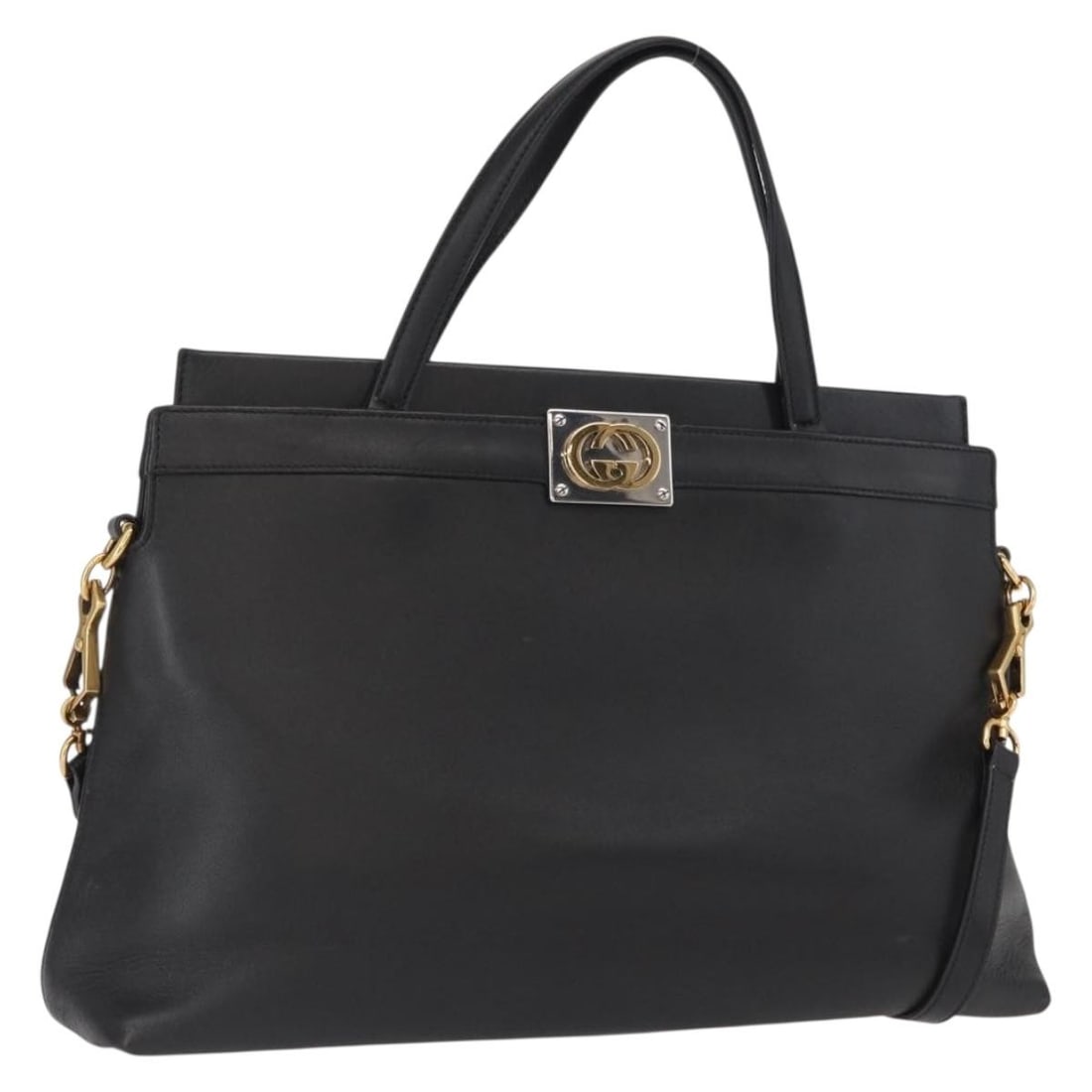 Gucci 630595 Black Leather Shoulder Bag Gold Tone Hardware: Gucci 630595 Black Leather Shoulder Bag Gold Tone Hardware Gucci shoulder bag in black and gold leather, made in Italy. The bag measures approximately 37 cm W x 24 cm H x 8 cm D, with a shoulder drop 