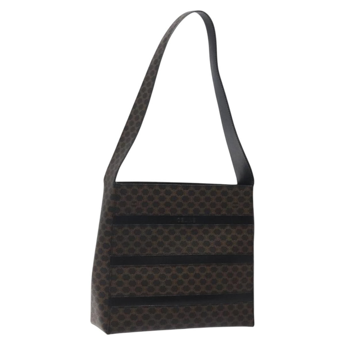 CELINE Macadam Shoulder Bag in Black PVC Leather Gold Tone: CELINE Macadam Shoulder Bag in Black PVC Leather Gold Tone Celine Macadam canvas shoulder bag crafted in PVC leather with a black and gold colorway. Made in Italy, this women's shoulder bag includes t