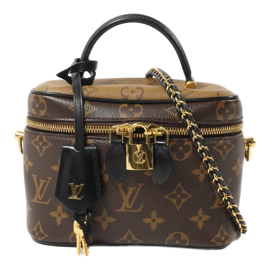 Louis Vuitton M45165 Vanity PM Monogram Reverse Chain Shoulder Bag: Louis Vuitton M45165 Vanity PM Monogram Reverse Chain Shoulder Bag A Louis Vuitton Vanity PM Chain Shoulder Bag in Brown, model M45165, featuring Monogram Reverse and PVC coated canvas. It includes a 