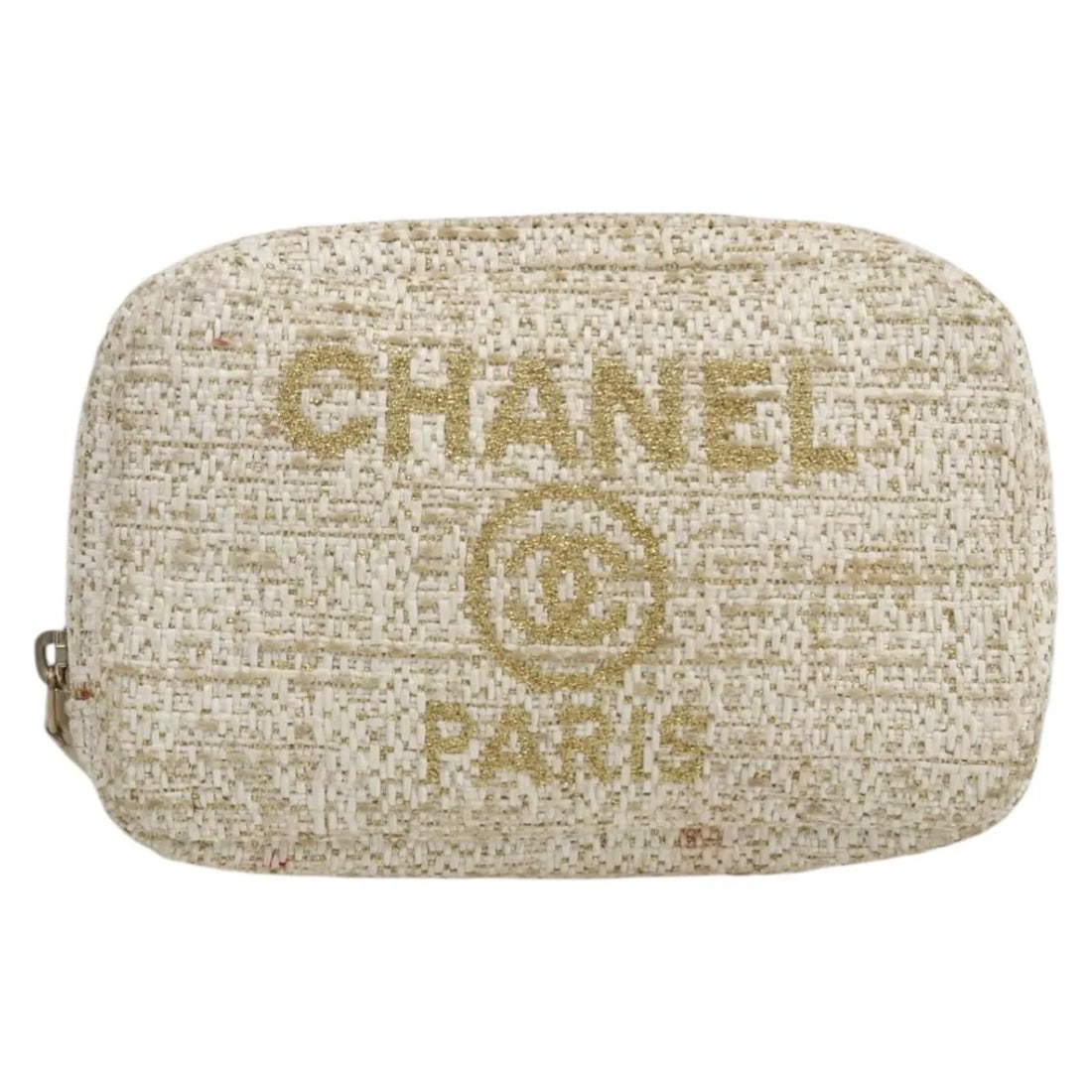 Chanel Deauville Gold Tweed Curvy Cosmetic Bag: Chanel Deauville Gold Tweed Curvy Cosmetic Bag This Chanel Deauville Curvy Cosmetic Pouch is crafted from tweed in a gold tone and designed for women. The pouch features a curvy silhouette and compact