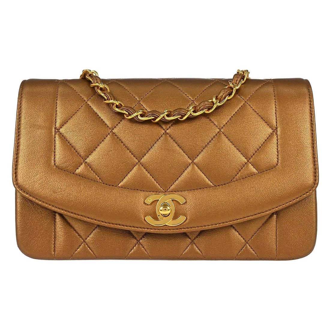 CHANEL Diana Small Lambskin Shoulder Bag in Metallic Bronze: CHANEL Diana Small Lambskin Shoulder Bag in Metallic Bronze Chanel Small Diana shoulder bag in metallic bronze lambskin with a canvas lining and interior pocket storage. This women's shoulder bag is m