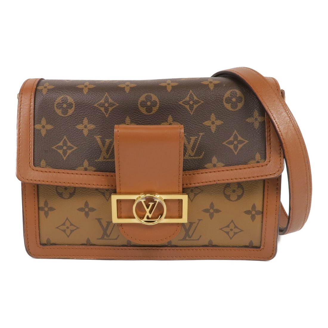 Louis Vuitton Dauphine MM M45958 Monogram Reverse Crossbody Shoulder Bag: Louis Vuitton Dauphine MM M45958 Monogram Reverse Crossbody Shoulder Bag Louis Vuitton Dauphine MM crossbody shoulder bag in brown Monogram Reverse x PVC coated canvas. It features a magnetic pocket, 