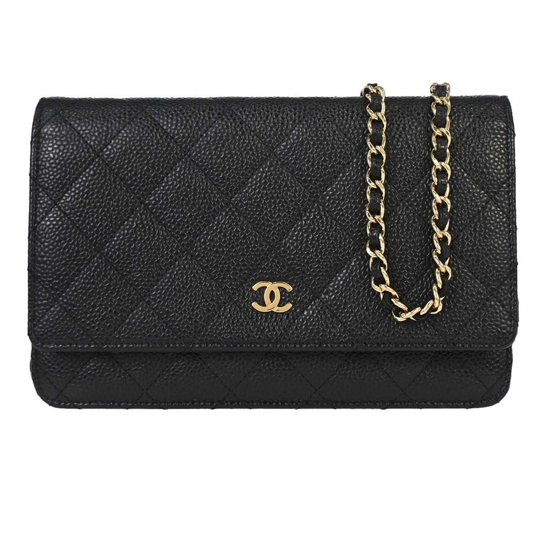 Chanel Classic WOC black calfskin wallet on chain: Chanel Classic WOC black calfskin wallet on chain Chanel Classic WOC wallet on chain bag in black caviar skin leather. This folding design features an exterior pocket, two interior zipper pockets, six