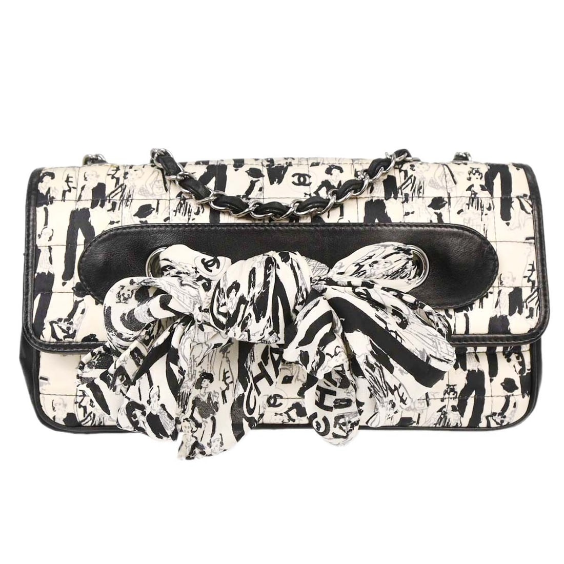 CHANEL Choco Bar Medium Shoulder Bag Black White Lambskin Silk: CHANEL Choco Bar Medium Shoulder Bag Black White Lambskin Silk Chanel Choco Bar shoulder bag in black and white silk with lambskin leather trim. This medium shoulder bag features a turn-lock closure, 