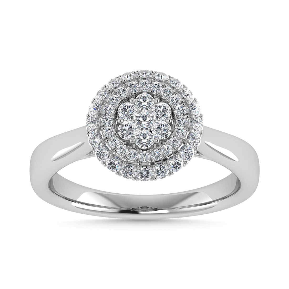 Diamond 1/2 Ct.Tw. Cluster Fashion Ring in 14K White Gold: Diamond 1/2 Ct.Tw. Cluster Fashion Ring in 14K White Gold 14k White Gold Stone Color: G-h Stone Clarity: I1 Each ring is presented in standard size 6.5. Complimentary resizing is available between siz