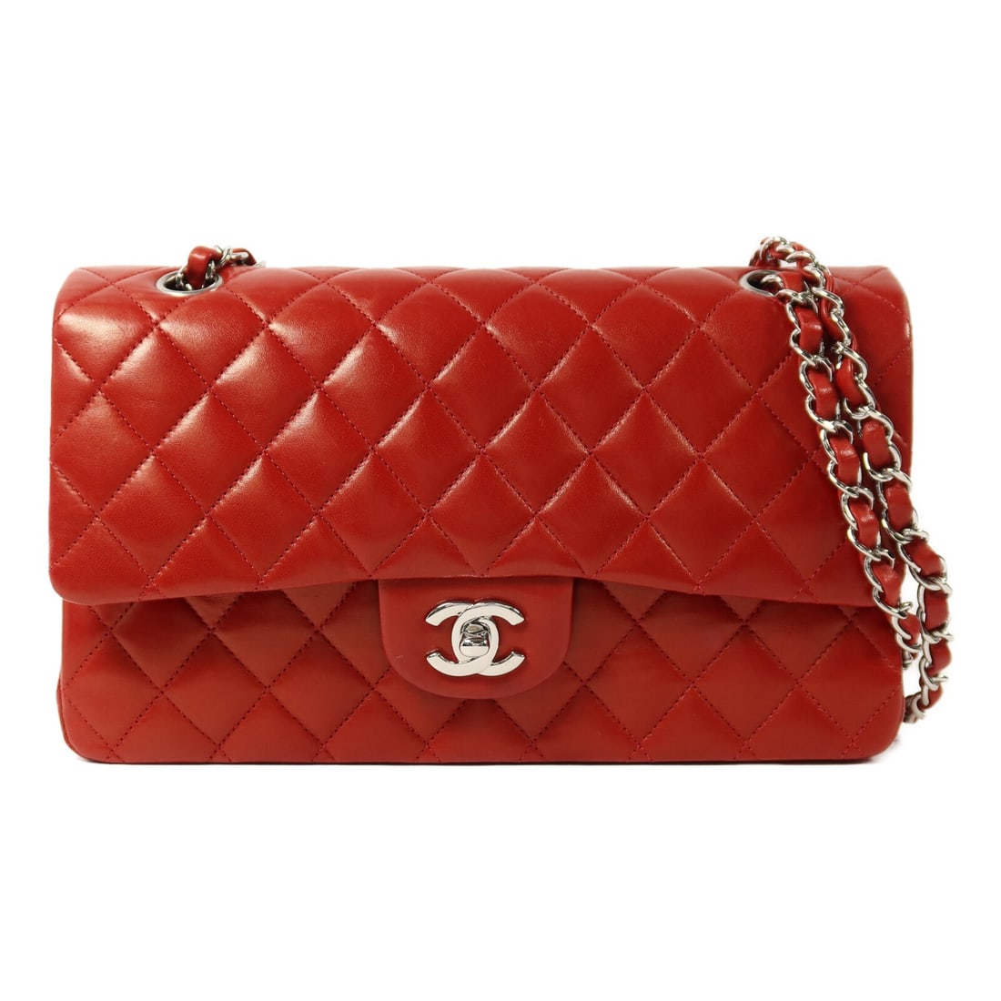 CHANEL A01112 Classic 25 Red Lambskin Shoulder Bag with CC SHW: CHANEL A01112 Classic 25 Red Lambskin Shoulder Bag with CC SHW CHANEL Classic 25 chain shoulder bag in red lambskin leather with SHW hardware. It features a turn-lock closure, multiple open pockets, a