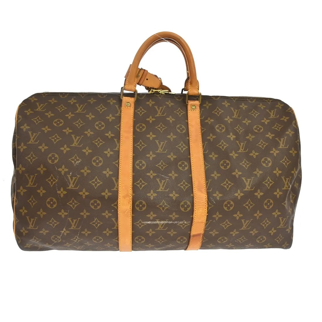Louis Vuitton Keepall Monogram Canvas Travel Bag: Louis Vuitton Keepall Monogram Canvas Travel Bag Louis Vuitton Keepall Monogram unisex travel bag in brown canvas. Made in France, it measures 55 cm x 30 cm x 25 cm. Condition is fair, with dirt, crac