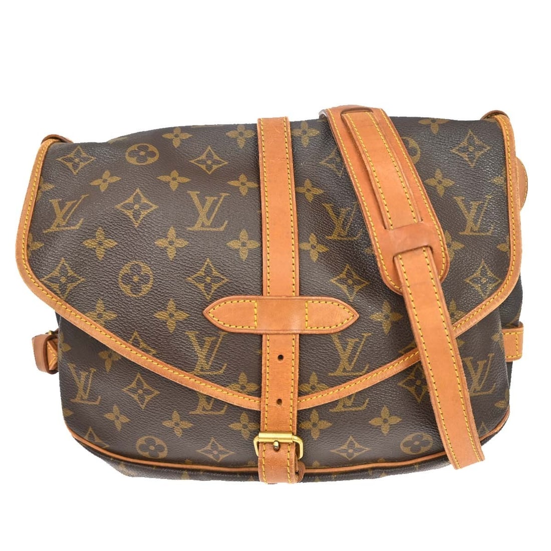 Louis Vuitton Saumur 30 Monogram Shoulder Bag M42256 VI1911: Louis Vuitton Saumur 30 Monogram Shoulder Bag M42256 VI1911 Vintage Louis Vuitton Saumur 30 messenger shoulder bag in brown Monogram canvas with leather trim. This women's medium bag features a brown 