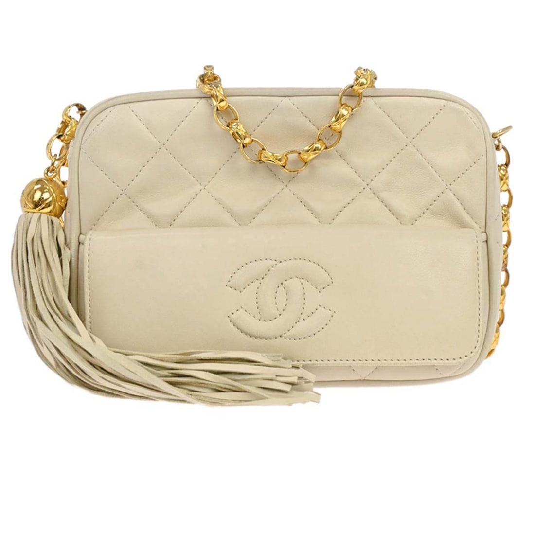 CHANEL Mademoiselle Mini Camera Crossbody Bag Off White Lambskin: CHANEL Mademoiselle Mini Camera Crossbody Bag Off White Lambskin Off-white CHANEL mini camera bag crafted in lambskin with a leather lining and fringe accents. It features a zip closure, crossbody str