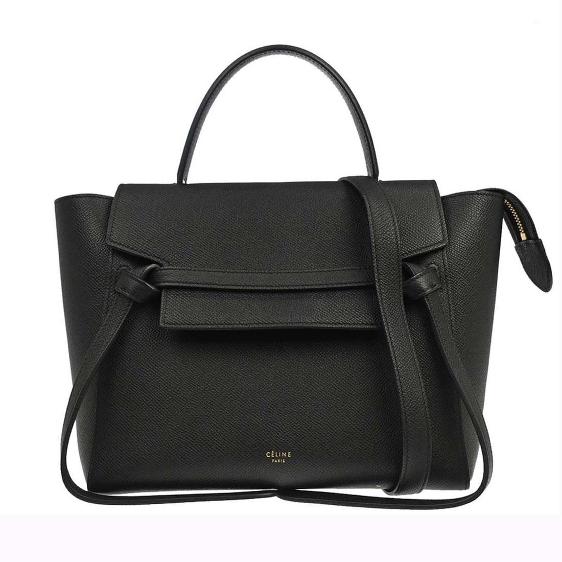 CELINE Belt Bag Micro Black Calfskin 2way Top Handle Bag: CELINE Belt Bag Micro Black Calfskin 2way Top Handle Bag Celine Black Calfskin Belt Bag Micro 2way Handbag in black calfskin leather, made in Italy. This medium-sized bag features a zipper closure, to