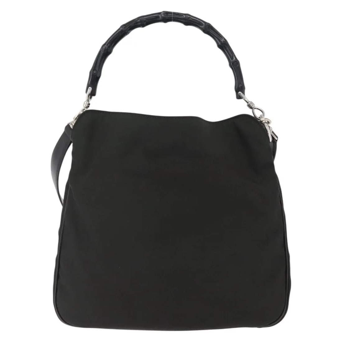 Black Nylon Bamboo Handle Shoulder Bag by Gucci Vintage Collection: Black Nylon Bamboo Handle Shoulder Bag by Gucci Vintage Collection This Gucci Vintage Bamboo Handle Bag features a black nylon exterior with signature bamboo handles. The bag is designed for women and