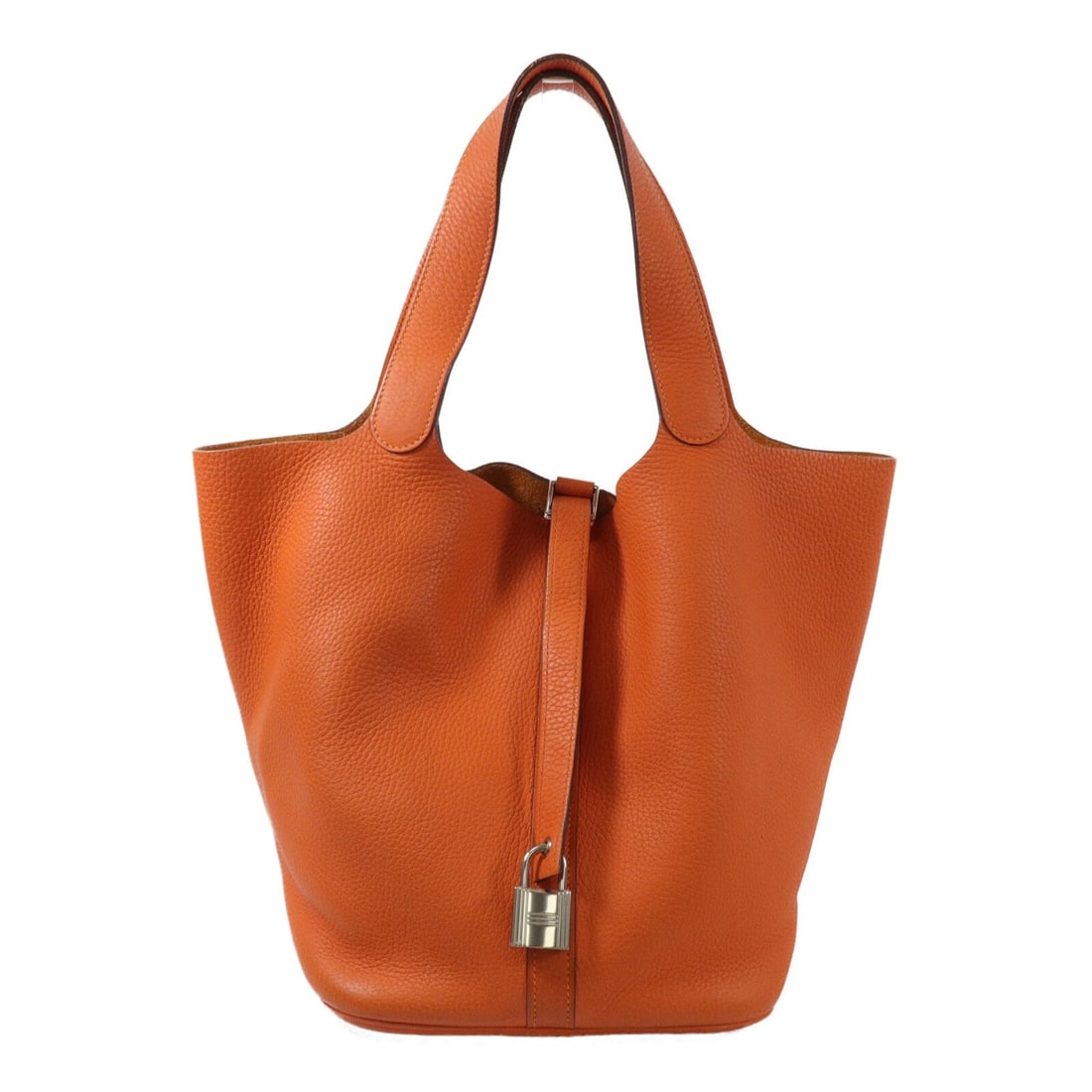 Hermes Picotin Lock GM Orange Taurillon Clemence Tote PHW: Hermes Picotin Lock GM Orange Taurillon Clemence Tote PHW Hermes Picotin Lock GM tote bag in orange Taurillon Clemence leather with calfskin trim. It includes a key and Cadena, and is stamped T for 20
