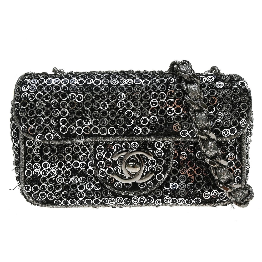 CHANEL medium shoulder bag silver sequins turn lock: CHANEL medium shoulder bag silver sequins turn lock Chanel silver sequins shoulder bag in medium size with a turn lock closure and crossbody strap. It features a black lining, one inside pocket, and i