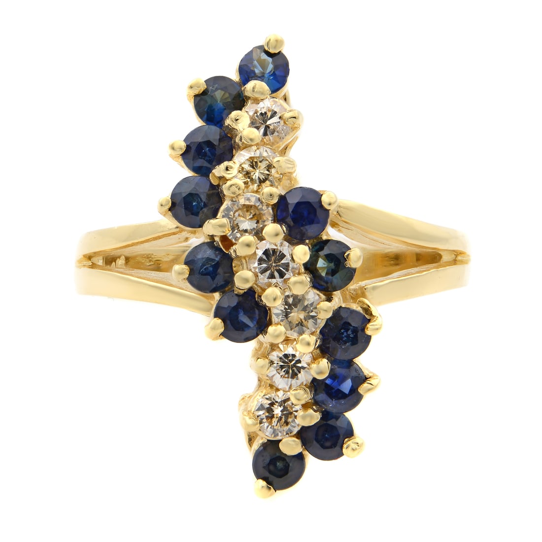 Rachel Koen 14K Yellow Gold Cocktail Ring with Diamonds and Blue Sapphires Size 6: Rachel Koen 14K Yellow Gold Cocktail Ring with Diamonds and Blue Sapphires Size 6 This exquisite Rachel Koen ladies cocktail ring is a stunning addition to any jewelry collection. Crafted from 14K yel