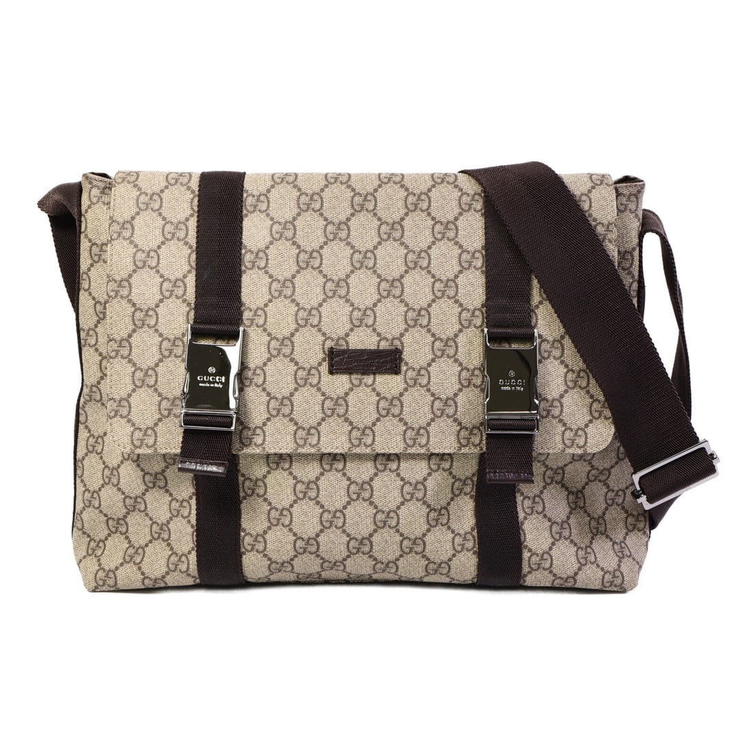Gucci 122373 GG Supreme Shoulder Bag Brown Coated Canvas: Gucci 122373 GG Supreme Shoulder Bag Brown Coated Canvas A Gucci GG Supreme shoulder bag in brown, made from PVC coated canvas. It features a shoulder strap with an adjustable drop and a practical int