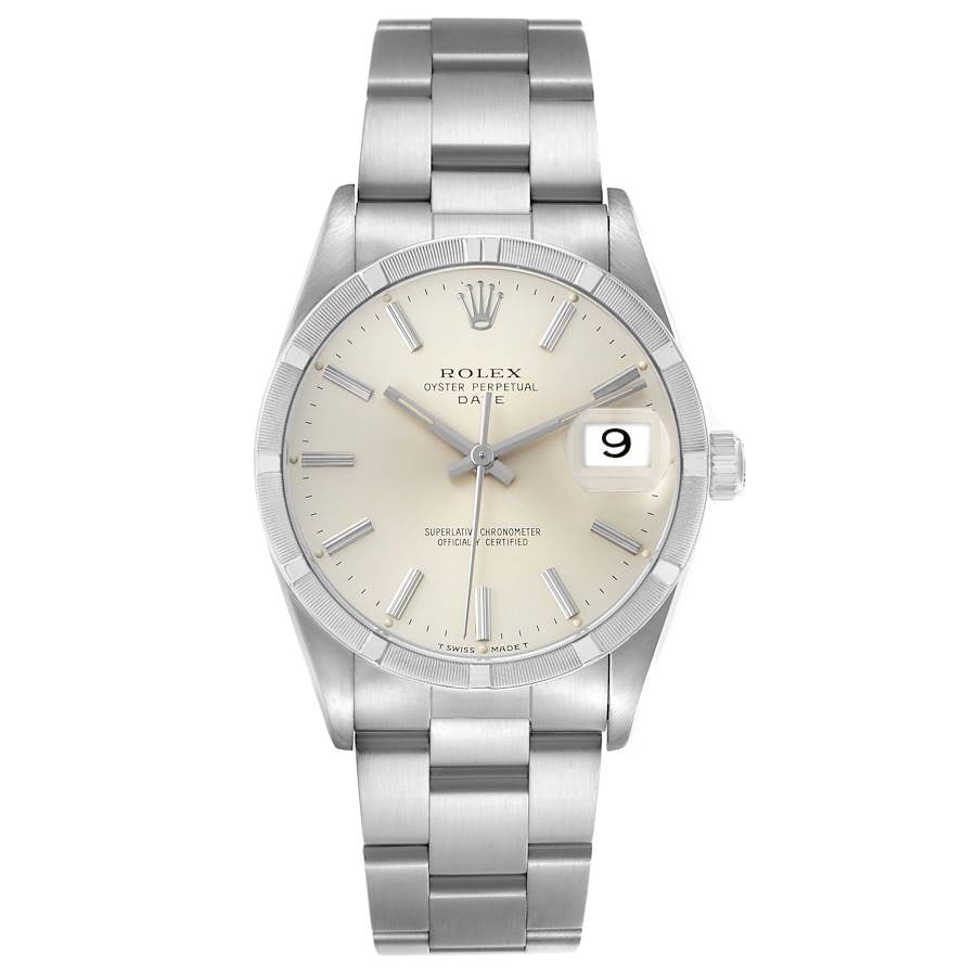 Rolex Oyster Perpetual Date Ref 15210 Silver Stick Dial Watch: Rolex Oyster Perpetual Date Ref 15210 Silver Stick Dial Watch This Rolex Oyster Perpetual Date features a silver stick dial and an engine-turned bezel, complemented by the iconic Oyster bracelet. Desi