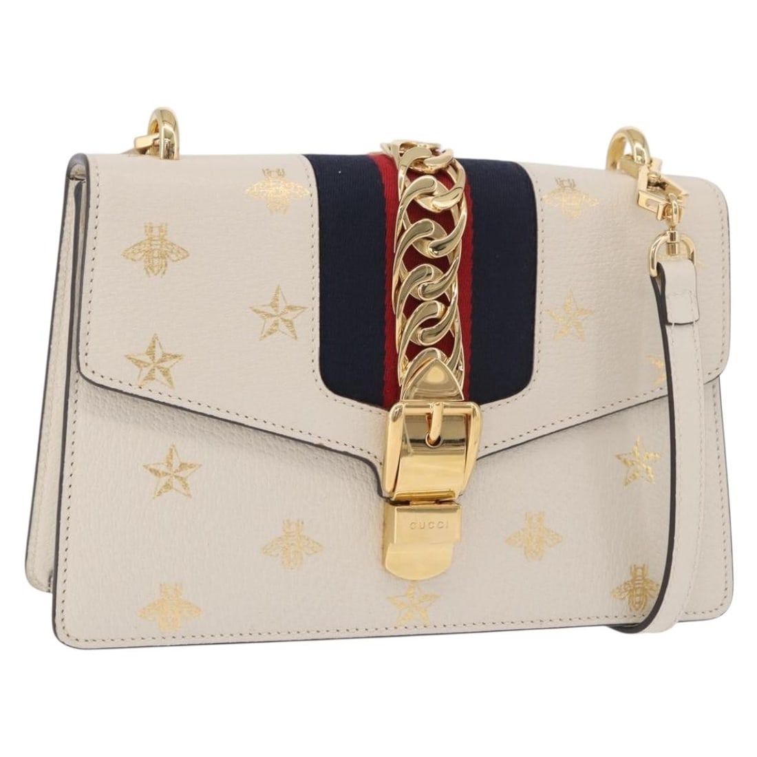 Gucci 524405 Silvi leather shoulder bag ivory gold tone: Gucci 524405 Silvi leather shoulder bag ivory gold tone Gucci Silvi Sherry Line shoulder bag in ivory and gold leather. This women's shoulder bag is made in Italy and includes a dust bag and an extra 