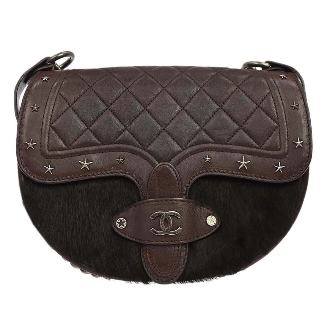 CHANEL Paris-Dallas Brown Pony Hair Calfskin Saddle Shoulder Bag: CHANEL Paris-Dallas Brown Pony Hair Calfskin Saddle Shoulder Bag Chanel Paris-Dallas saddle shoulder bag in brown calfskin and pony hair. This medium shoulder bag features logo accents and inner pocke