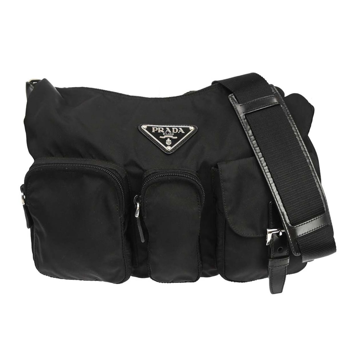Prada 164 Large Black Nylon Shoulder Bag Made in Italy: Prada 164 Large Black Nylon Shoulder Bag Made in Italy Prada black nylon shoulder bag with leather trim, made in Italy. This women's large shoulder bag features a practical multi-pocket design with tw