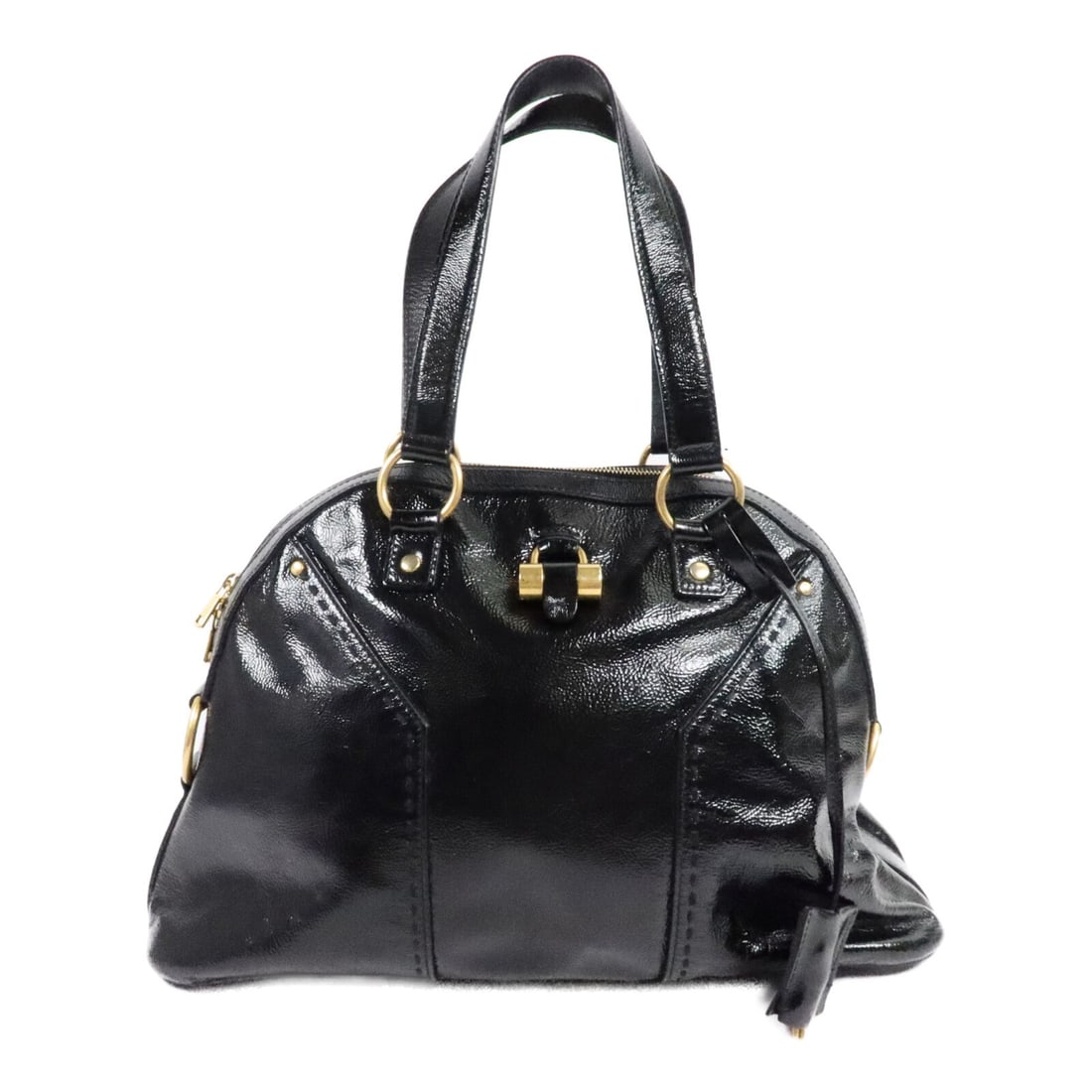 Yves Saint Laurent Muse Patent Leather Handbag Black Model 156464: Yves Saint Laurent Muse Patent Leather Handbag Black Model 156464 This Saint Laurent Muse handbag is crafted in black patent leather with a blackxblack colorway. It features a top handle, a fastener c