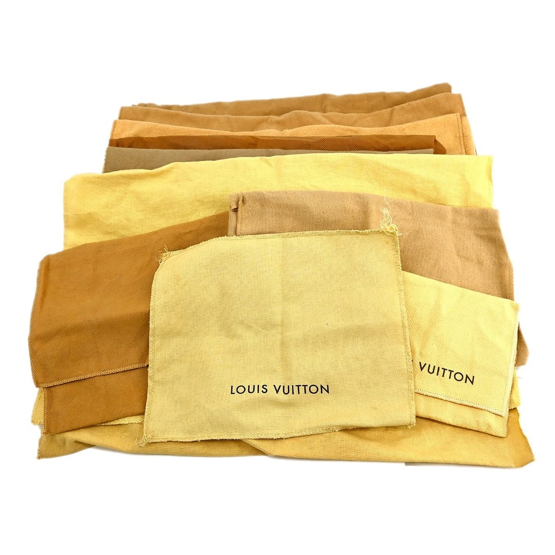 Set of 10 Louis Vuitton cotton dust bags in brown beige: Set of 10 Louis Vuitton cotton dust bags in brown beige Set of 10 authentic Louis Vuitton dust bags in brown and beige 100% cotton. These unisex dustbags show overall signs of use, including stains an