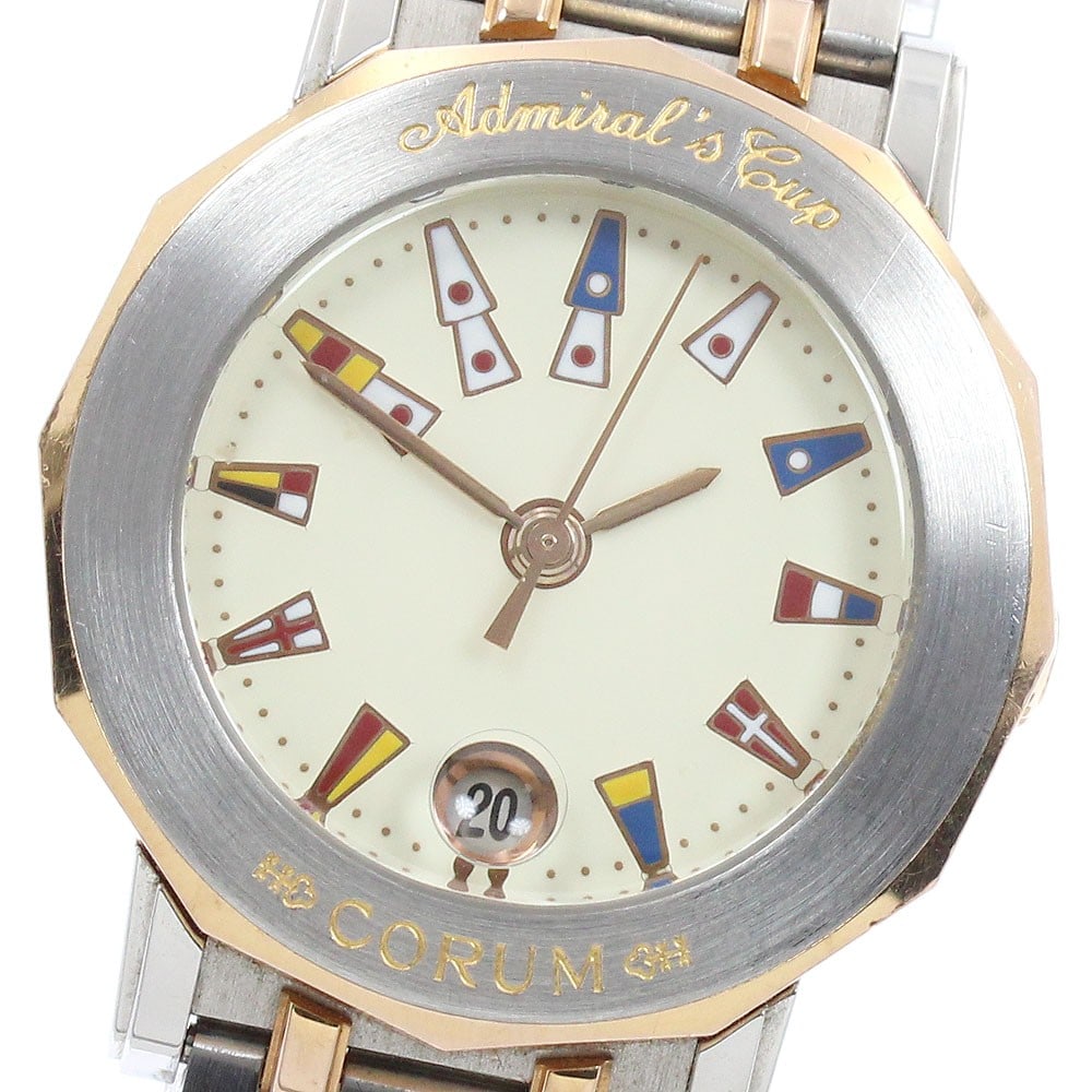 CORUM Admiral's Cup Date Ladies Quartz Watch Ref 39.130.24V585: CORUM Admiral's Cup Date Ladies Quartz Watch Ref 39.130.24V585 Pre-owned CORUM Admiral's Cup Date quartz ladies wristwatch, made in Switzerland. It features a beige dial, date function, and a case and