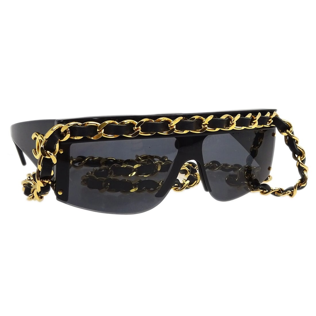 CHANEL Chain Square Sunglasses Black Acrylic With Box Dust Bag: CHANEL Chain Square Sunglasses Black Acrylic With Box Dust Bag Chanel square sunglasses in black acrylic with black lenses and a gold-plated chain detail. Made in Italy, this women's eyewear piece com