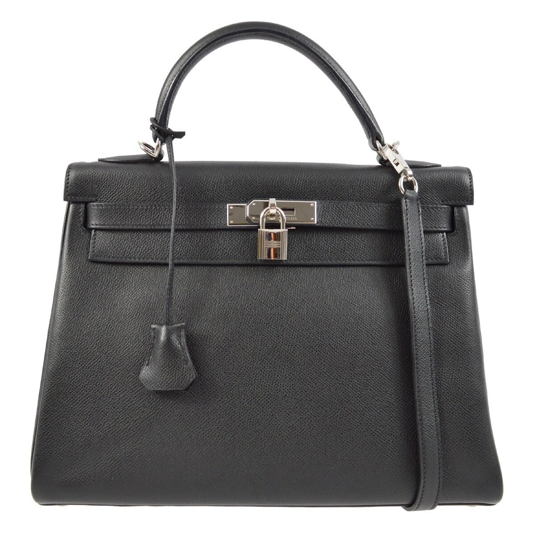 Hermes Kelly 32 Retourne Black Epsom 2way Satchel Bag: Hermes Kelly 32 Retourne Black Epsom 2way Satchel Bag Hermes Kelly 32 Retourne 2-way handbag in black Epsom leather with a turn-lock flap closure, top handle, and detachable shoulder strap. The interi