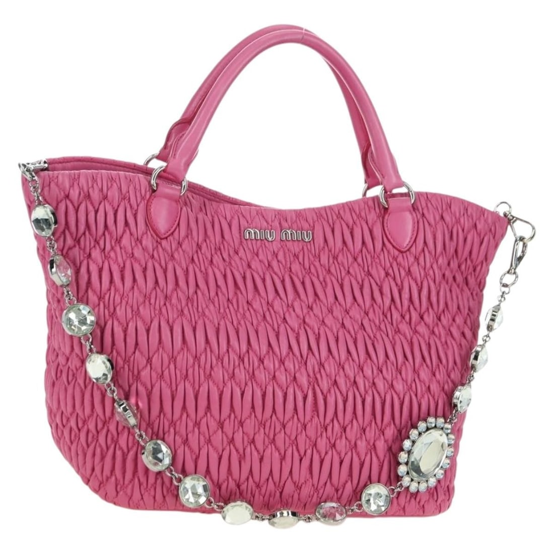 Miu Miu Pink Silver Leather Matelasse Crystal 2way Handbag RN0896: Miu Miu Pink Silver Leather Matelasse Crystal 2way Handbag RN0896 This Miu Miu Matelasse Crystal handbag is crafted from pink and silver leather and features a two-way carry design with both a shoulde