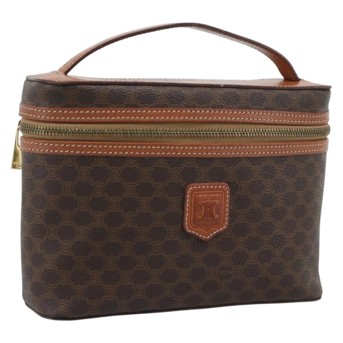 CELINE Macadam PVC Leather Vanity Cosmetic Pouch Brown Gold Tone: CELINE Macadam PVC Leather Vanity Cosmetic Pouch Brown Gold Tone Brown cosmetic pouch in PVC leather and Macadam canvas with a gold tone finish. Made in Italy, it measures approximately W21 cm x H15 c