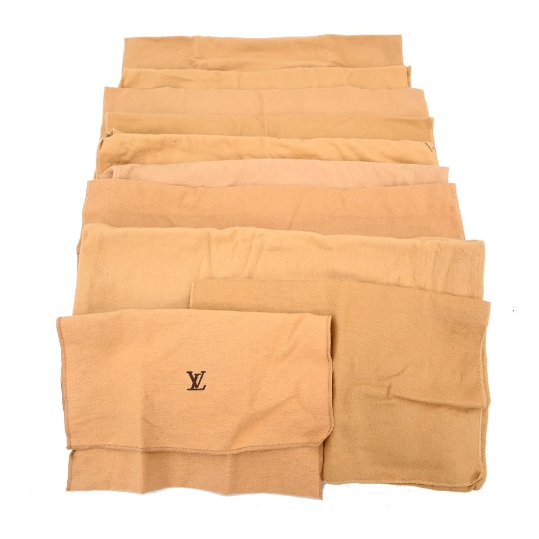 Set of 10 Louis Vuitton cotton dust bags in brown and beige: Set of 10 Louis Vuitton cotton dust bags in brown and beige Set of 10 Louis Vuitton dust bags in brown and beige 100% cotton. These unisex dustbags show overall signs of use with reasonable wear and t
