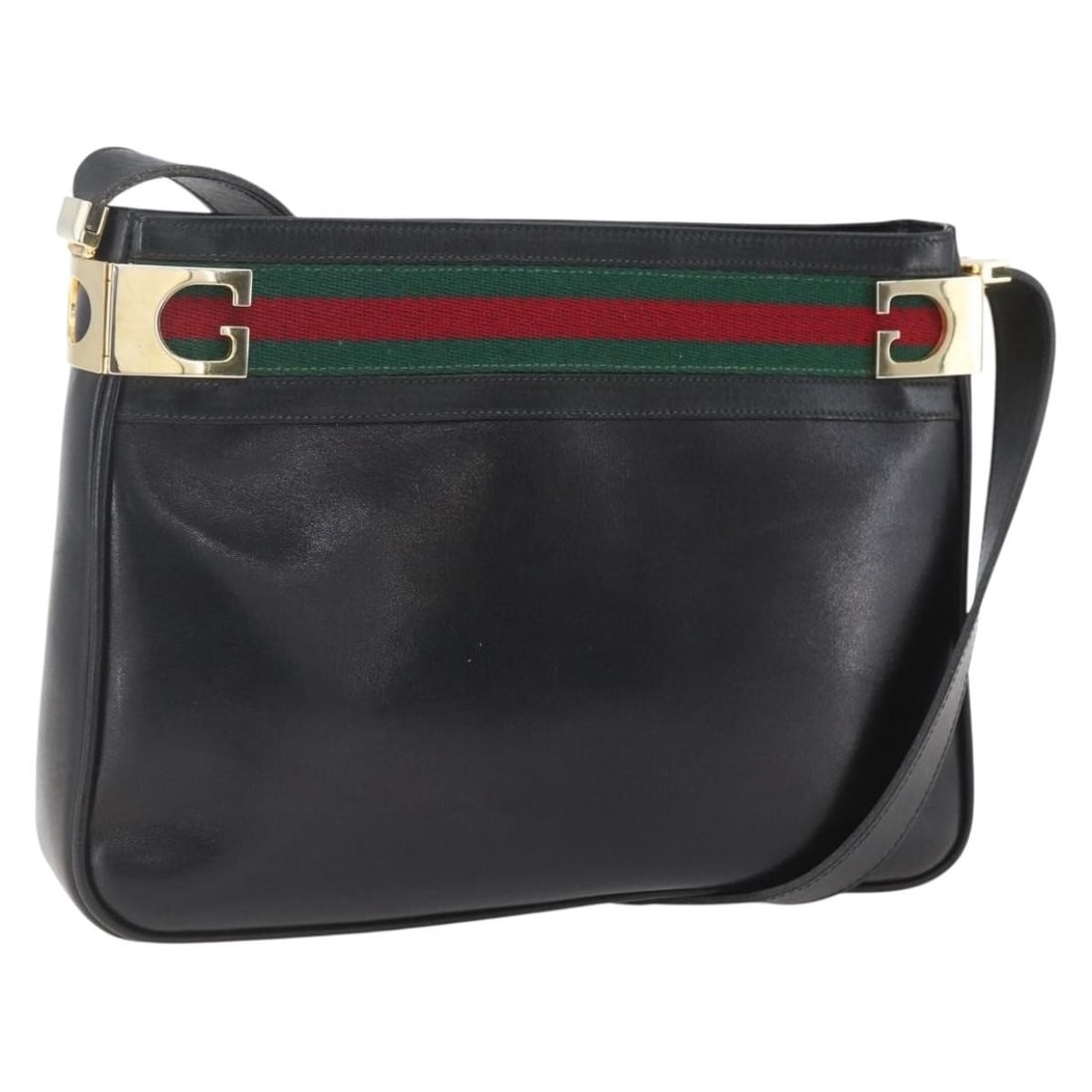 Black Leather Gucci Shoulder Bag with Red Green Web Sherry Stripe: Black Leather Gucci Shoulder Bag with Red Green Web Sherry Stripe This authentic Gucci Web Sherry Line shoulder bag features a classic black, red, and green leather exterior. Made in Italy, the bag of